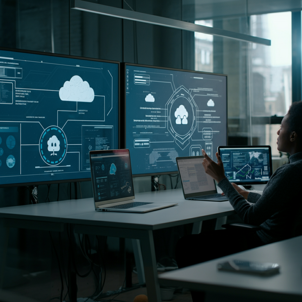 A commercial office scene showing a British tech team collaborating on cloud serverless architecture diagrams, illustrating the future of serverless architectures in a modern IT setting.