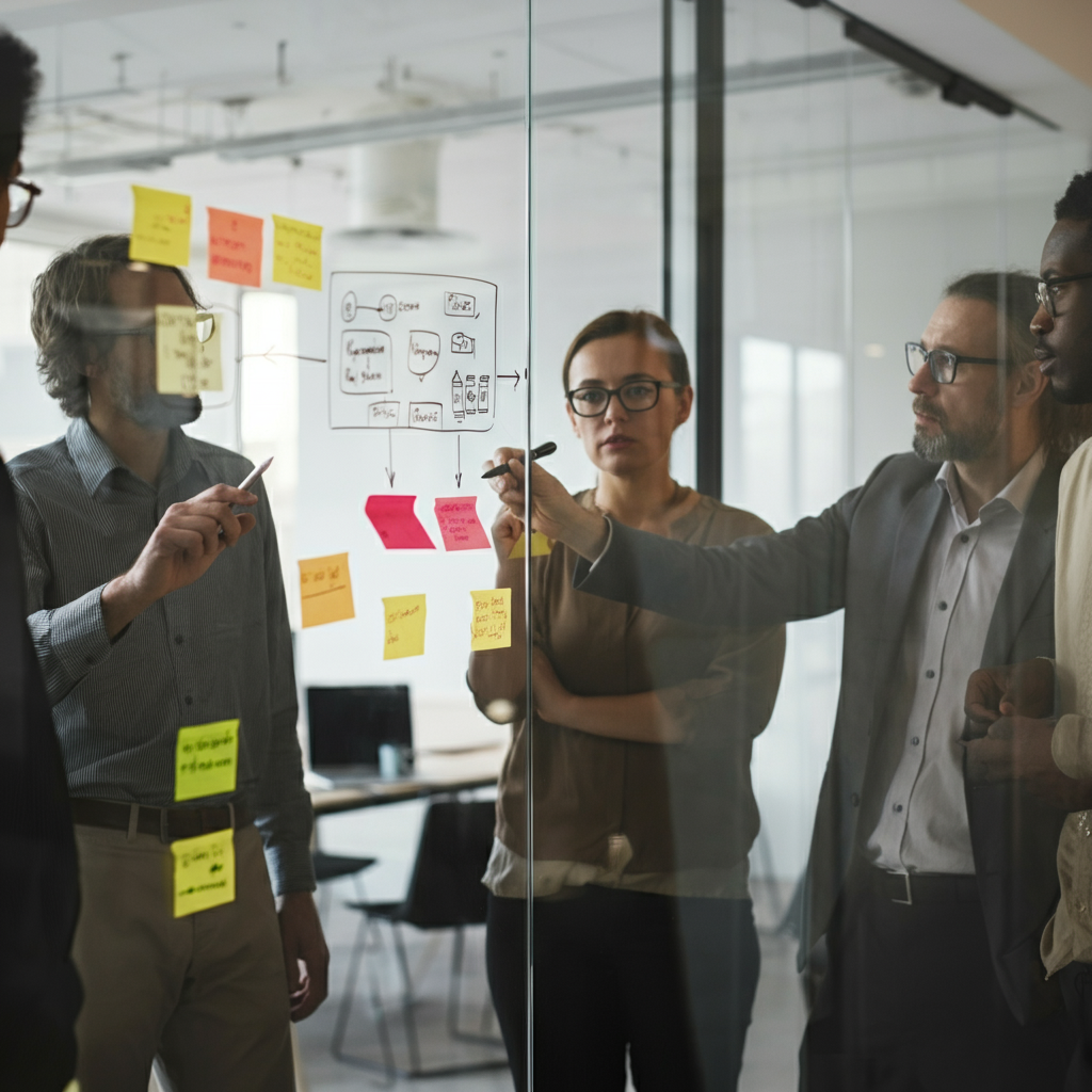 Building a Culture of Continuous Improvement visual: professionals collaborating in a UK office, brainstorming process improvements on a glass board.