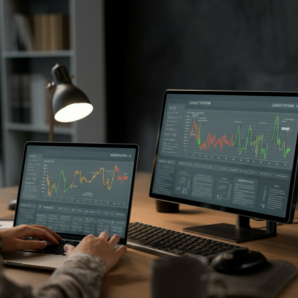 Hands typing on a laptop with digital screens showing [["Amazon Historical Price" trends and legacy system cost breakdowns in a modern UK office setting.
