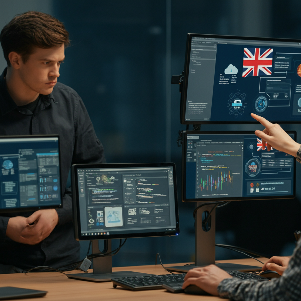 What Is Infrastructure As Code (Iac) And Why It Matters: British IT team collaborating over code and automation dashboards in a modern office, showing DevOps best practices.