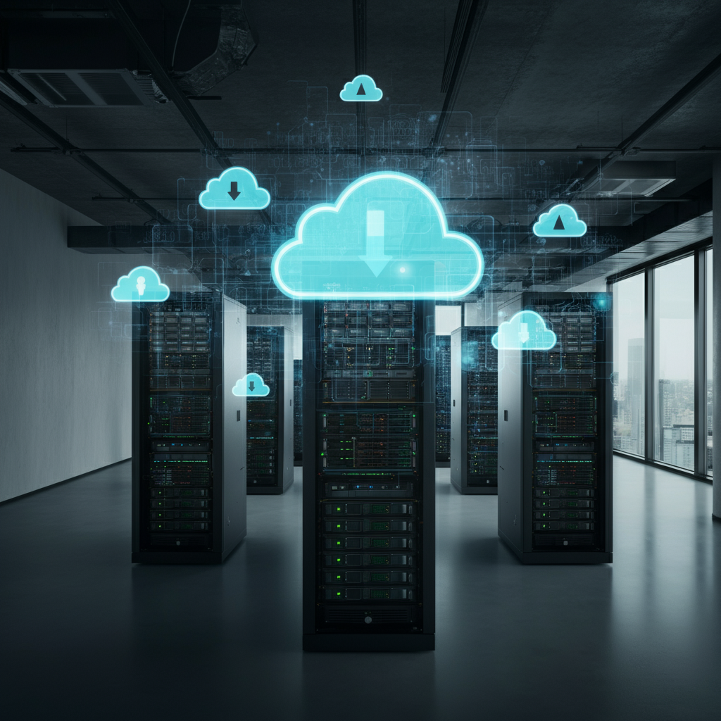 Commercial photograph illustrating Top Reasons To Migrate From On-prem To Cloud, showing a modern UK office with servers transforming into cloud icons.