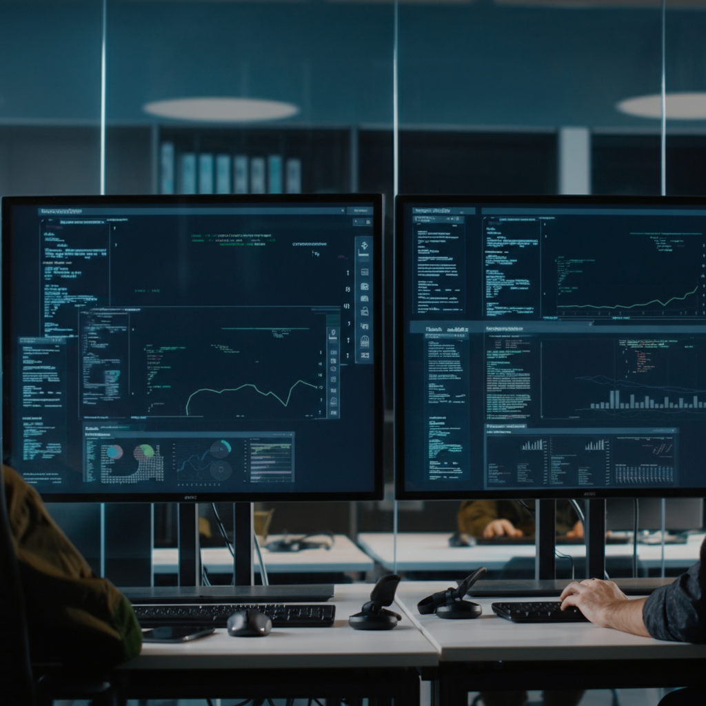 Benefits Of Observability In Devops illustrated by DevOps engineers collaborating in a UK office, monitoring system dashboards and performance metrics.