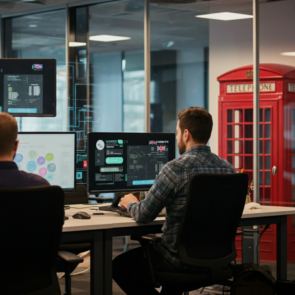 A Beginner's Guide To Kubernetes depicted in a modern UK tech office with engineers collaborating at workstations and Kubernetes container dashboards on screens.
