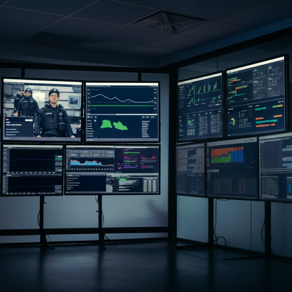 Reducing MTTR with Intelligent Alerting visual: a UK operations centre with digital dashboards displaying real-time alert data, analytics, and incident status for efficient management.