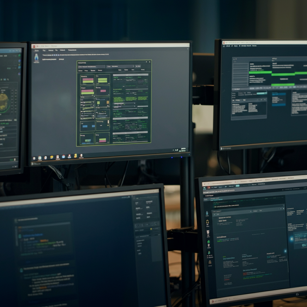 A Comparison Of Log Monitoring Tools shown in a UK IT operations centre, with multiple monitors displaying log dashboards for IT teams evaluating software solutions.