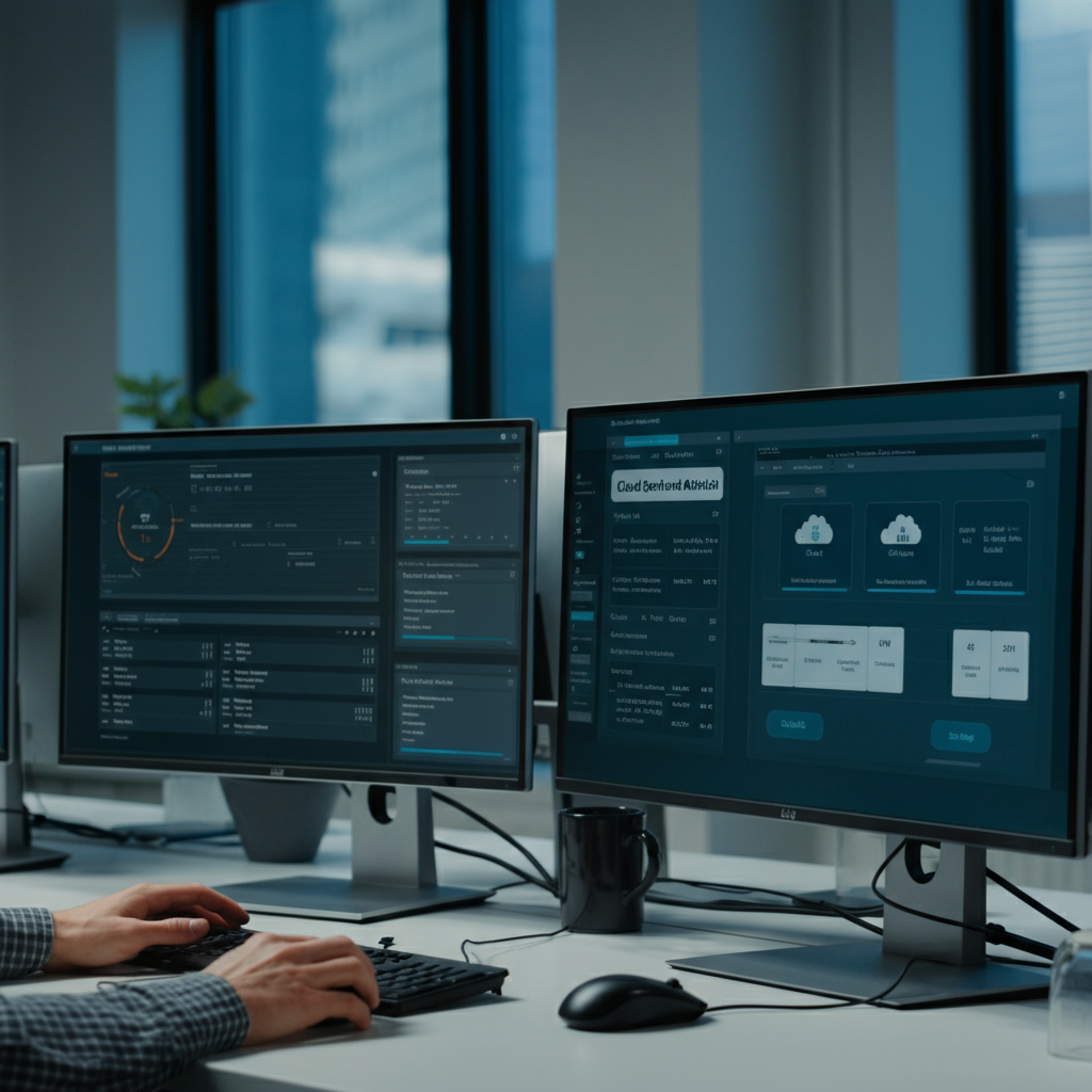 Strategies for Reducing Cloud Waste visual showing IT professionals optimising cloud cost dashboards in a modern office to improve efficiency.
