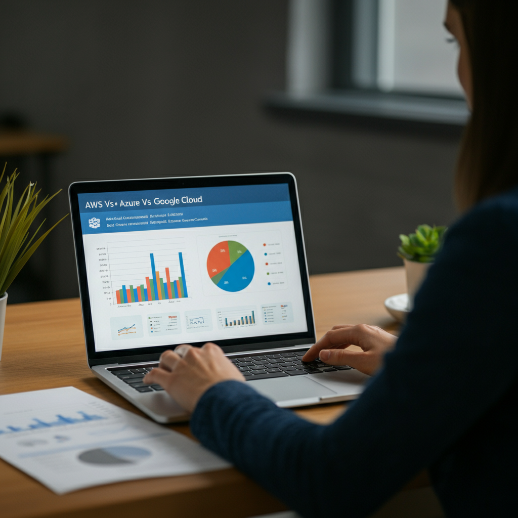 Cost Comparison: Aws Vs Azure Vs Google Cloud – A business office desk with a laptop displaying charts and documents for cloud pricing analysis, ideal for enterprise decision-makers.