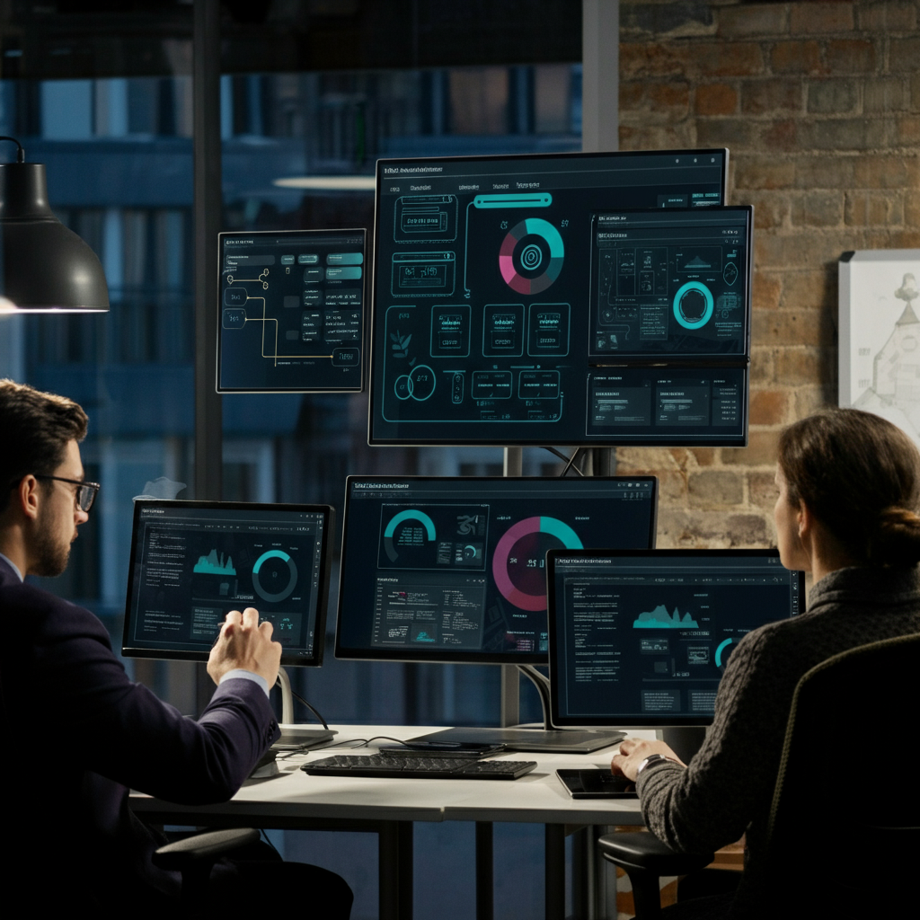 How DataOps Improves Data Pipeline Reliability depicted by a business team collaborating on digital dashboards showing automated data workflows in a modern office.