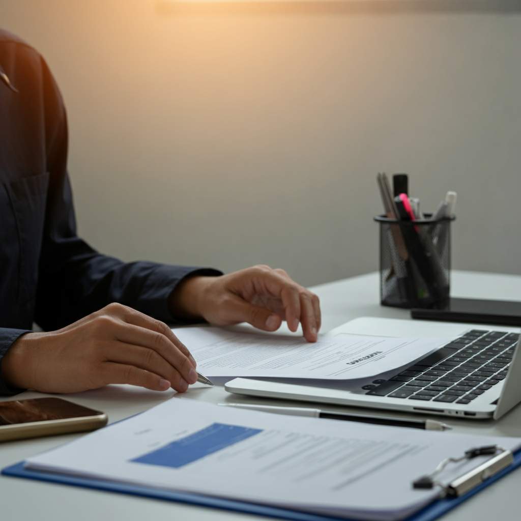 Hands reviewing EU Authorised Representative compliance documents beside a laptop in a modern office, illustrating the process for non-EU brands entering the EU market.