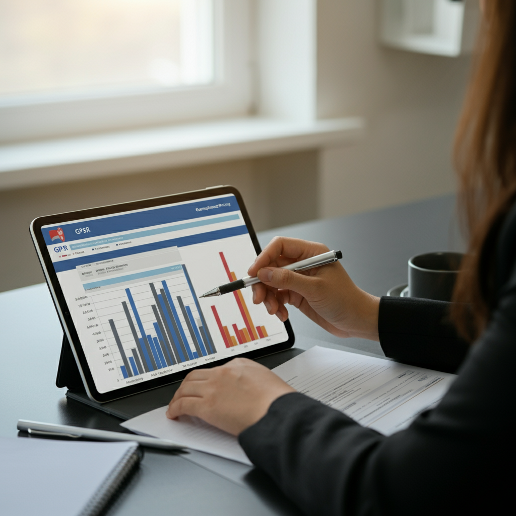 A modern office desk with a tablet displaying Gpsr Responsible Person Cost charts for 2026, surrounded by compliance documents and folders.