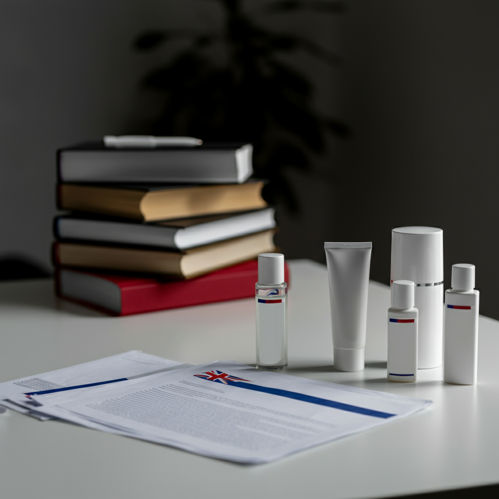 British cosmetic products with compliance documents and law books illustrating Eu Cosmetic Regulation requirements to avoid Amazon removal in 2026.