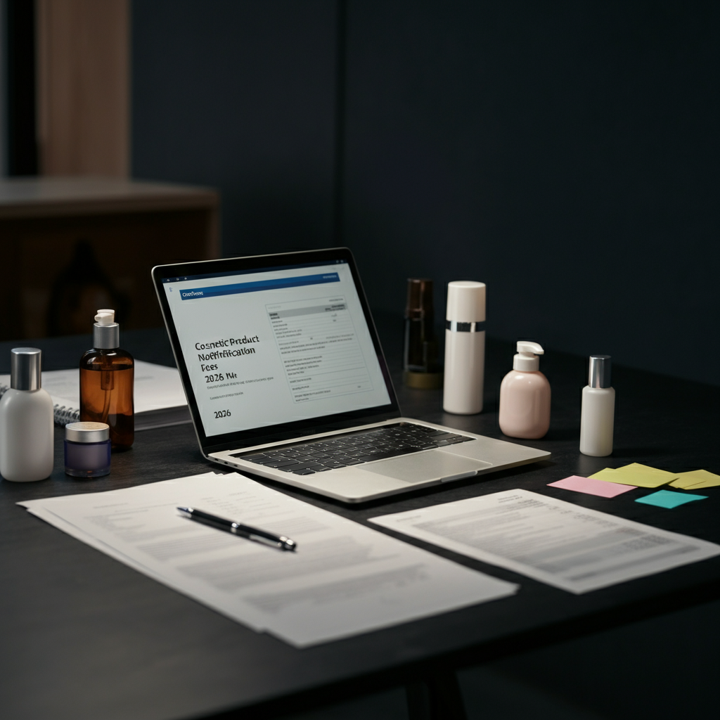 Modern UK office desk showing Cosmetic Product Notification files, compliance paperwork, and a laptop with 2026 fee breakdown for regulatory planning.