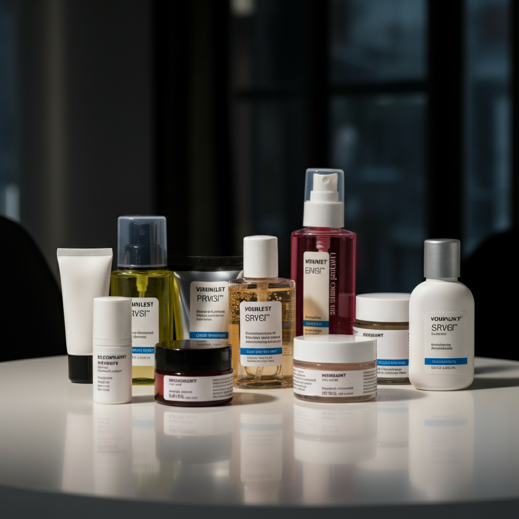 Assorted cosmetic products with clear, compliant EU labels arranged on a white surface, illustrating Cosmetic Labeling Requirements and listing compliance.