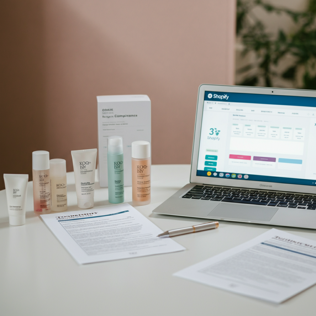 Commercial image showing cosmetics, regulatory paperwork, and a laptop displaying Shopify admin in a UK office, illustrating [["Cosmetic Regulation 1223 2009" compliance for Shopify brands.