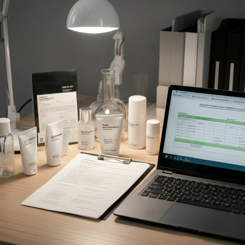 A neatly organised office desk with Product Information File folders, cosmetic compliance paperwork, product samples, and a laptop showing regulatory data for small brands in 2026.