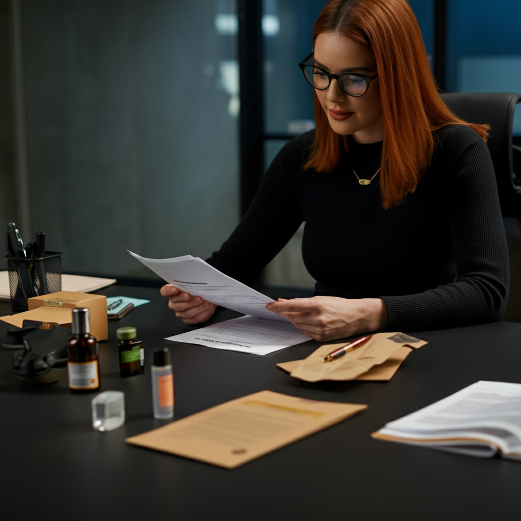A UK responsible person reviewing Amazon FBA cosmetic product packaging and compliance documents in a British office, ensuring regulatory safety and compliance.