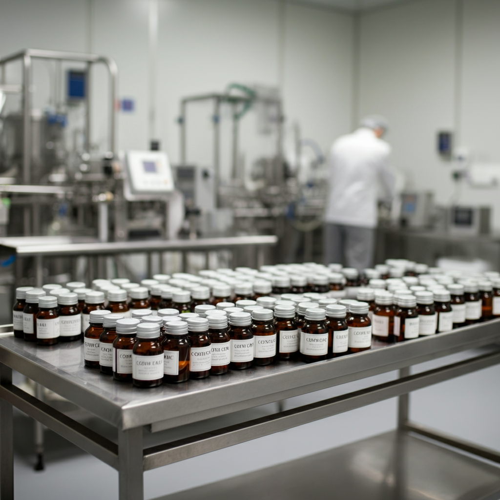 A British cosmetic manufacturing facility exemplifying Cosmetic Good Manufacturing Practices, with labelled product containers, stainless steel equipment, and a clean, compliant environment for EU 2026.