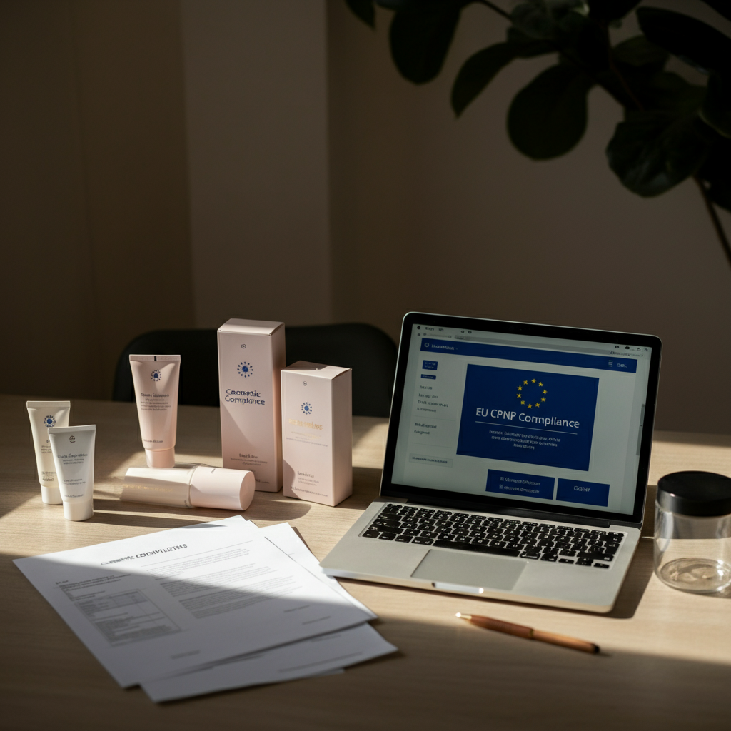 Cpnp Registration paperwork, compliance documents, and EU portal interface on a modern office desk, highlighting risks for beauty brands losing EU sales.