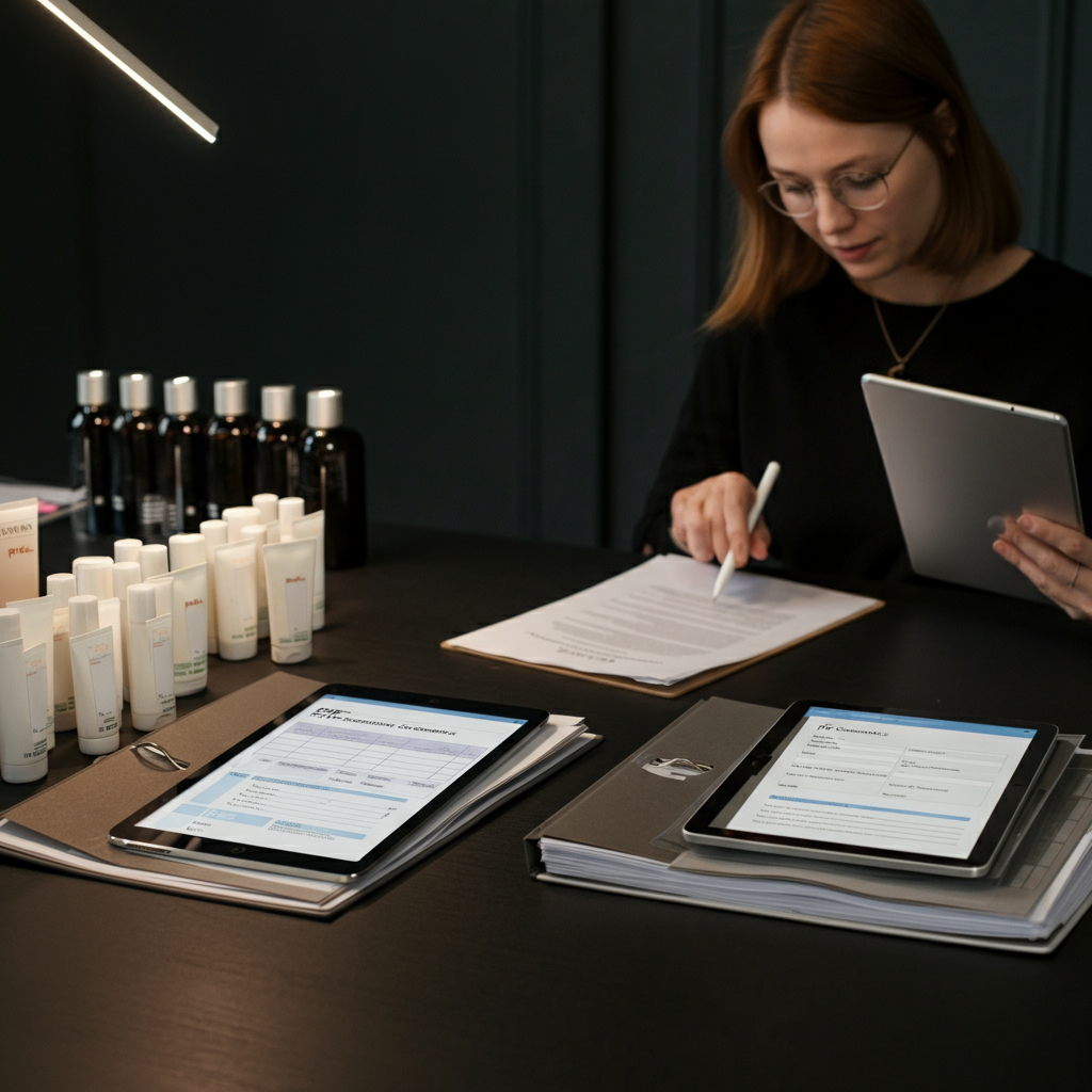 A commercial workspace showing binders, tablets, and cosmetic bottles organized for Pif Cosmetics compliance by a British indie beauty brand.