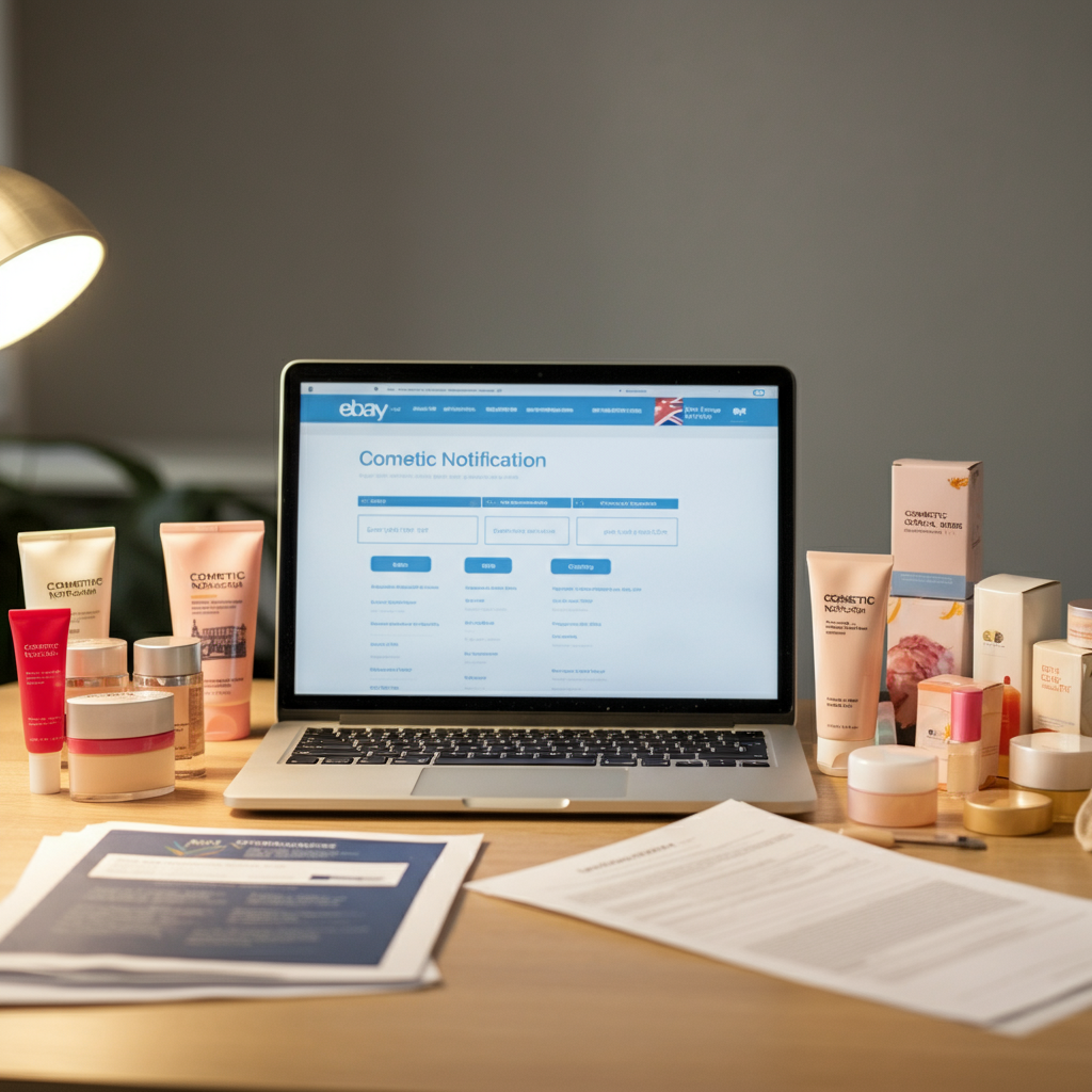 Cosmetic Notification process visualized: an office desk with cosmetics, compliance documents, and a laptop showing a regulatory portal for eBay sellers.