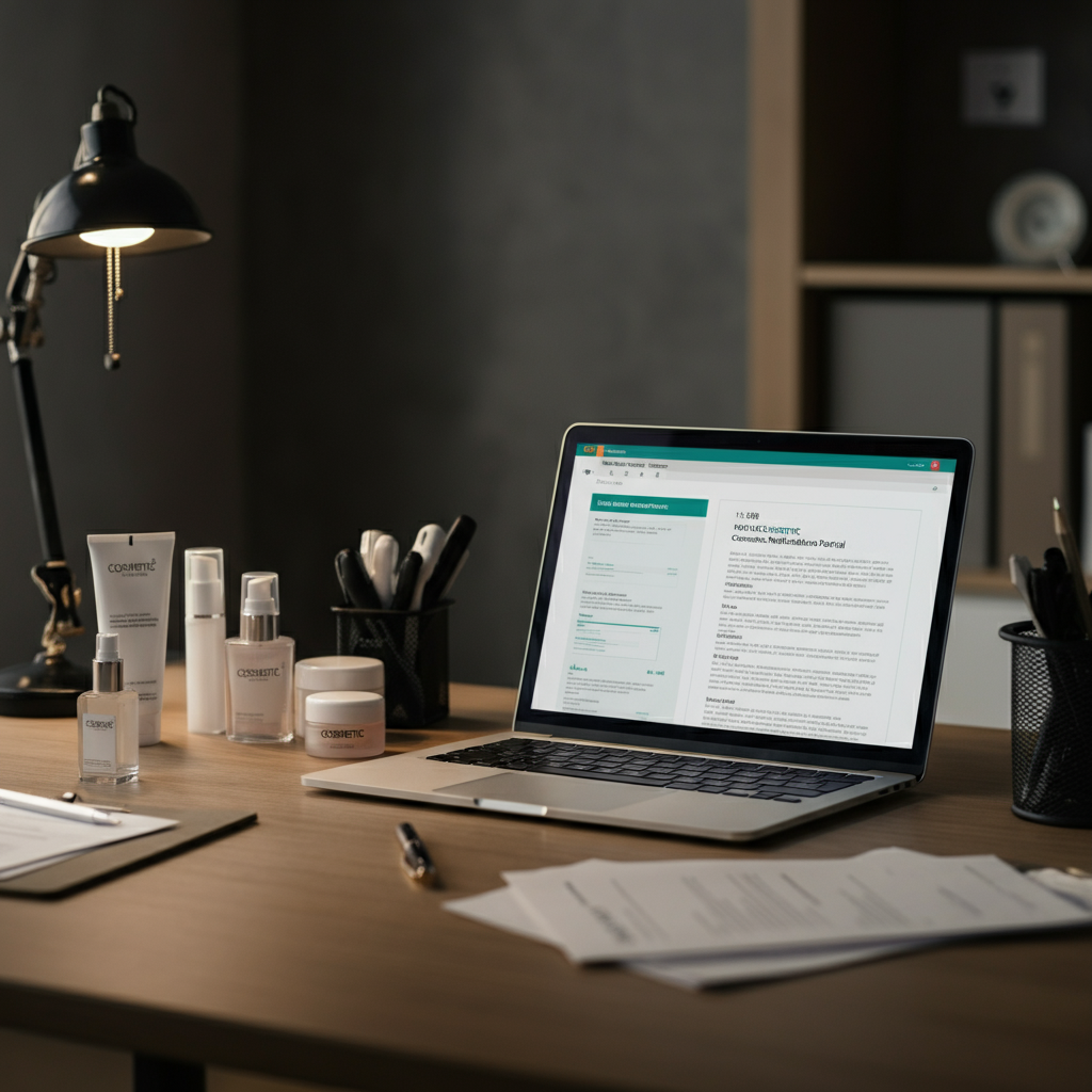 Tidy office desk with cosmetic product containers, compliance paperwork, and a laptop showing the Cosmetic Notification Portal interface for cross-border sellers.