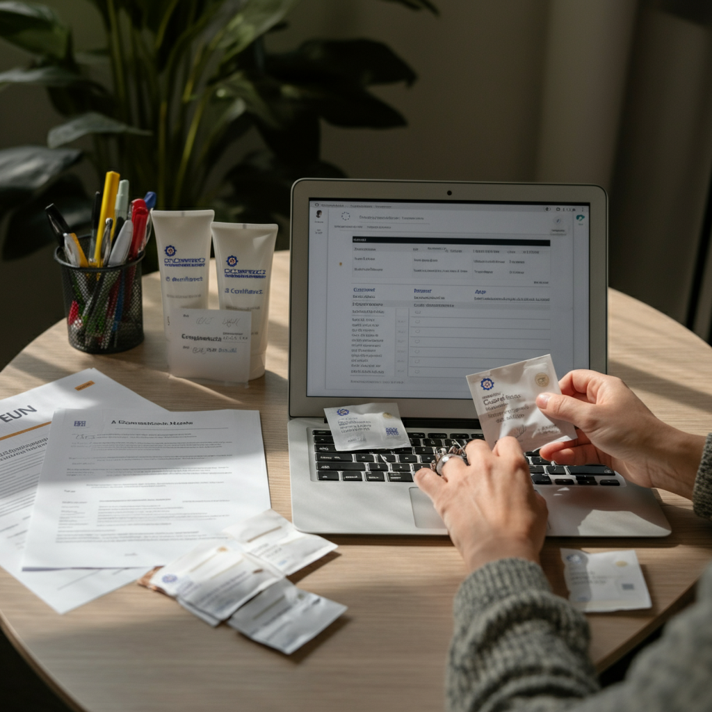 Office desk with EC 1223 2009 compliance documents, regulatory checklists on a laptop, and cosmetic packaging, illustrating customs risks for small brands.