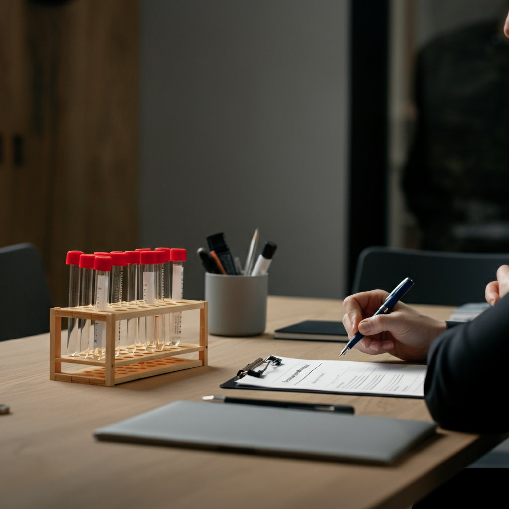 A professional reviews Cosmetic Assessment documents and cosmetic sample test tubes on a meeting table in a modern British office, illustrating Amazon FBA compliance.