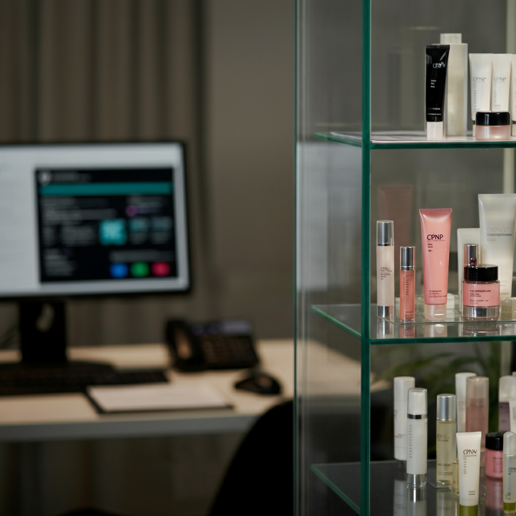 Cpnp Registration compliance scene: Chinese cosmetic products on glass shelves, compliance documents, and digital registration tools in a British office for 2026 EU deadline.