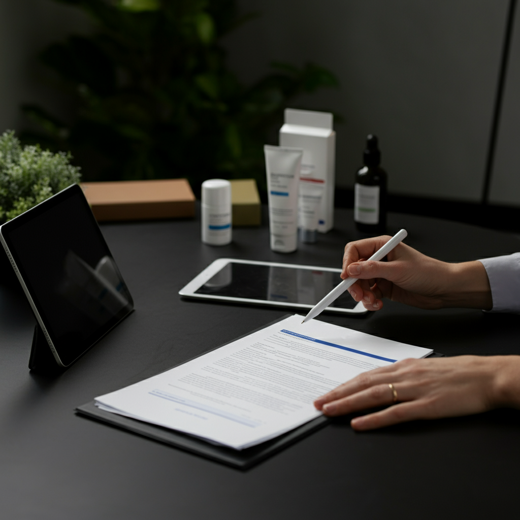 Cosmetic Assessment consultant reviewing compliance paperwork and cosmetic products on a UK office desk, ensuring Amazon and EU regulations are met.
