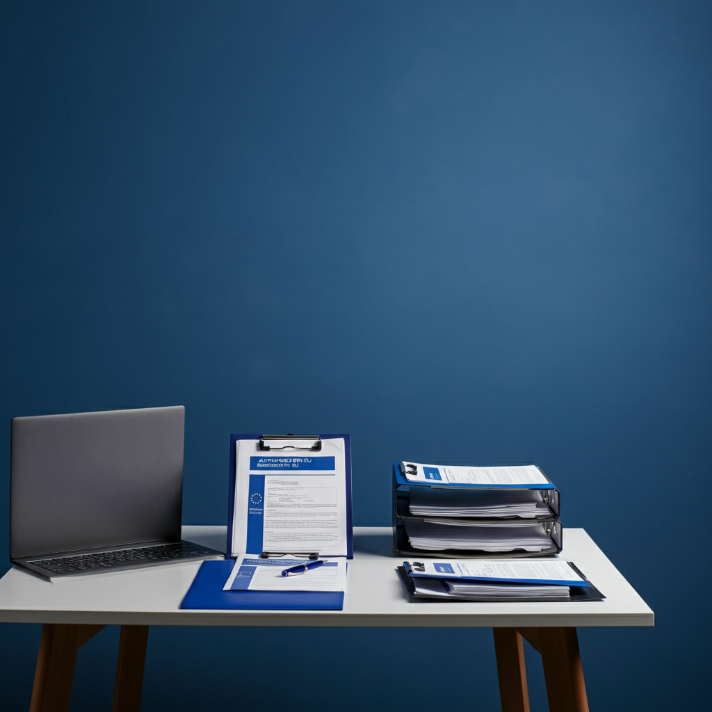 Authorised Representative EU concept shown by neatly arranged compliance documents and technical files in a UK business office, highlighting regulatory responsibilities.