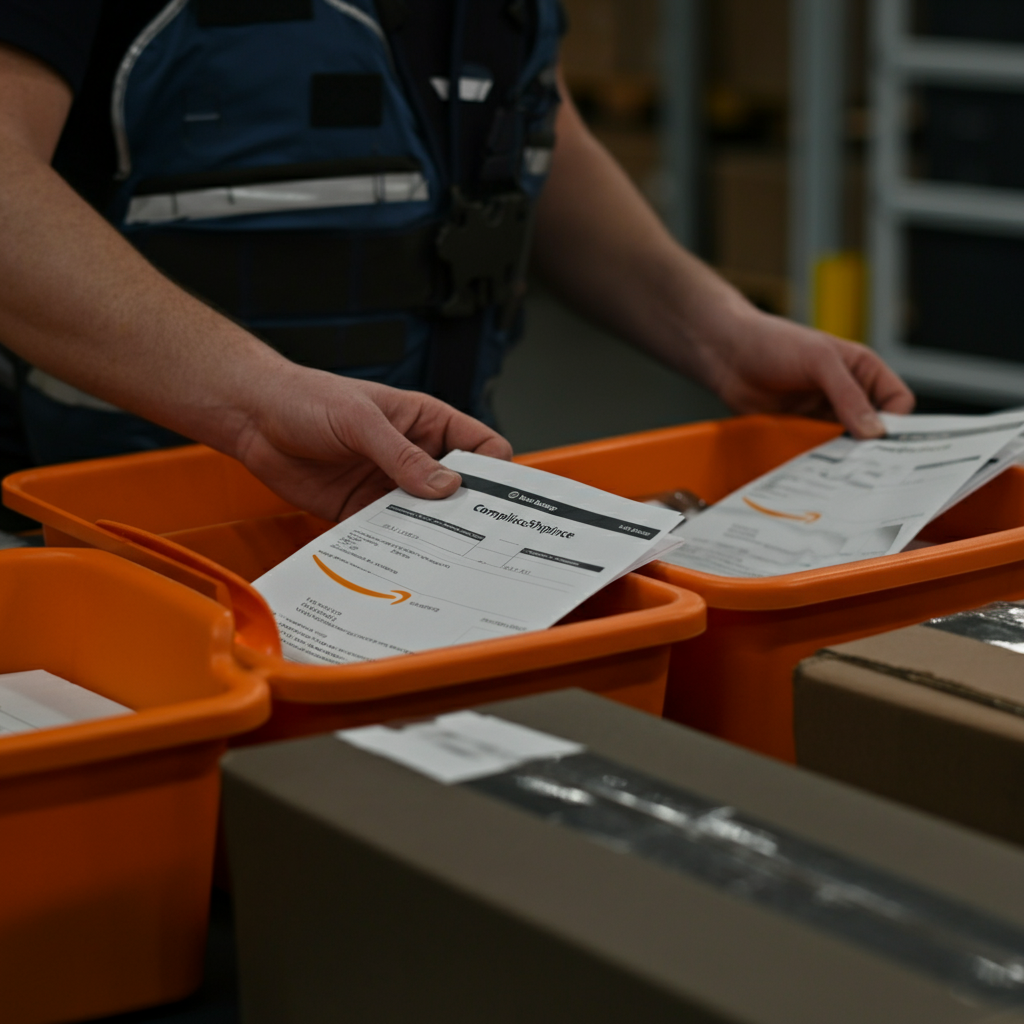 Amazon EU-Konformitätsprozess in einem britischen Lager, der Amazon-Pakete und Konformitätsdokumente für die Seller Central-Einrichtung und GPSR-Anforderungen im Jahr 2026 zeigt.