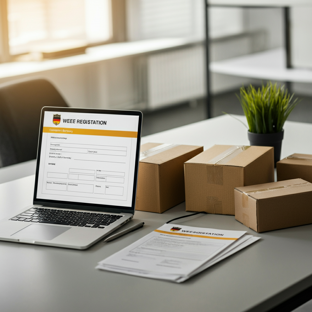 Tidy office desk with German WEEE registration paperwork, laptop showing registration forms, and electronics packages, illustrating WEEE Registration Germany compliance.