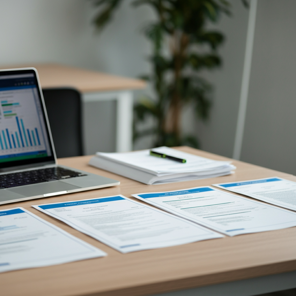 France EPR Compliance documents and digital dashboards for WEEE, packaging, and battery rules on a modern UK office desk, highlighting regulatory compliance.