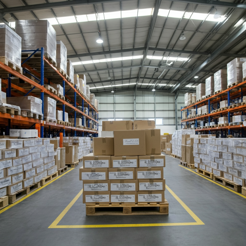 Wide-angle view of a UK warehouse with electronics shipments labelled for Italy RAEE Registration, highlighting compliance processes for Amazon sellers.