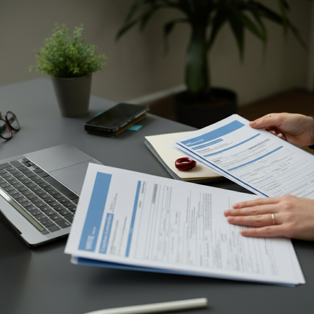 Hands reviewing Spain WEEE Registration documents and compliance forms at a modern business desk, highlighting Spanish EPR requirements for electronics producers.