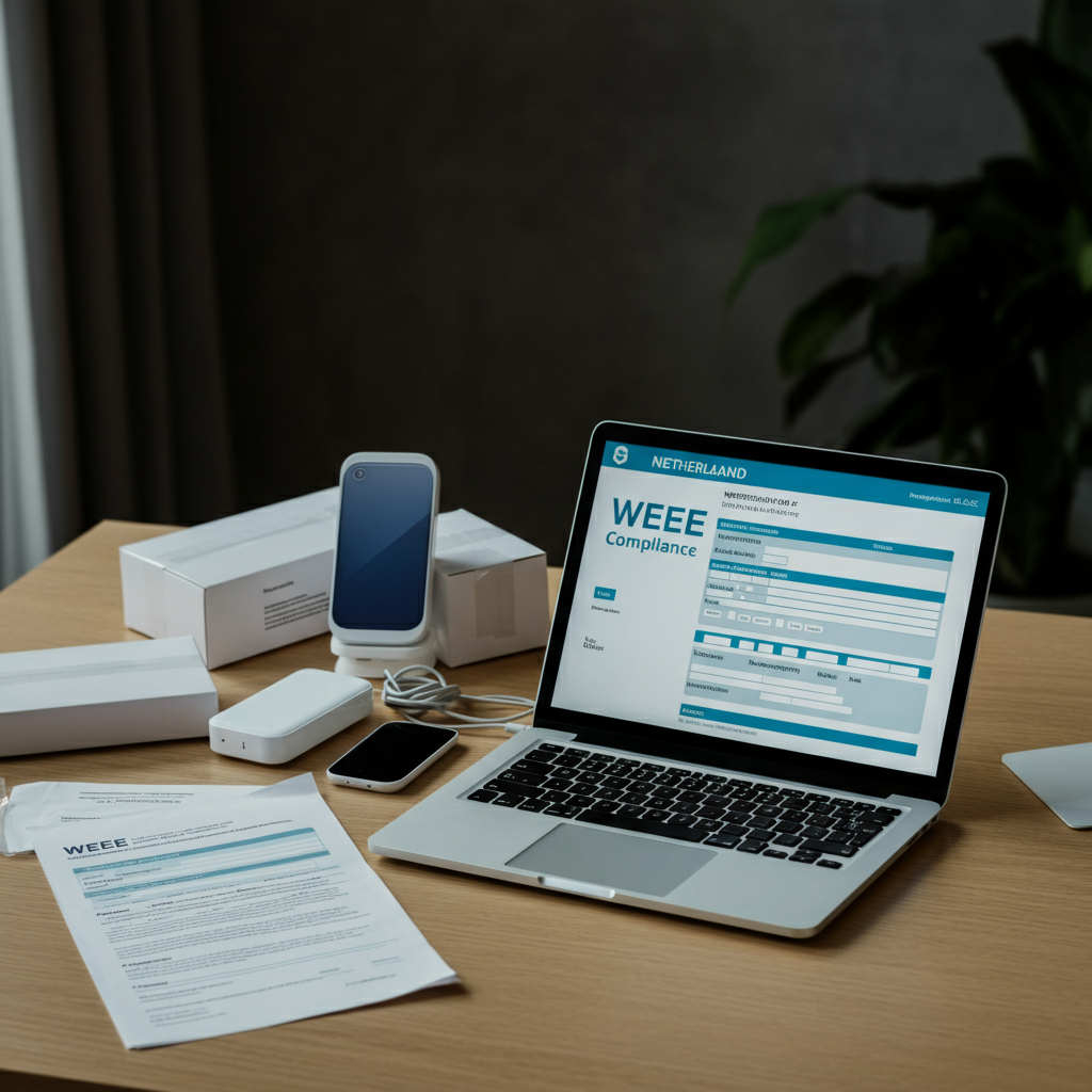 Niederlande ElektroG-Konformitätsprozess für Amazon-Verkäufer, dargestellt mit Konformitätsdokumenten, niederländischen Registrierungsformularen, VerpackG und Elektronik in einem modernen Büroumfeld.