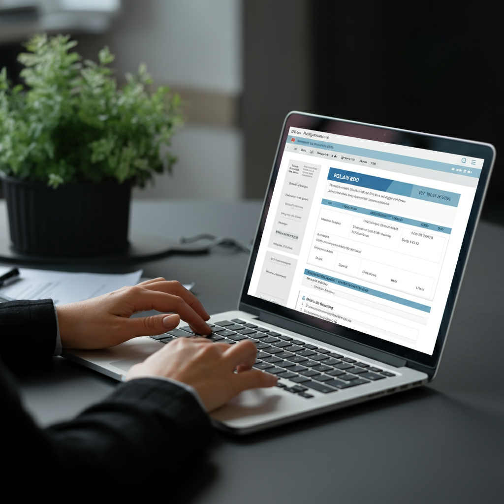 BDO-Registrierung Polen: Hände tippen auf einem Laptop an einem aufgeräumten Bürotisch, mit Unterlagen zur ElektroG- und VerpackG-Konformität, der den polnischen EPR-Prozess veranschaulicht.