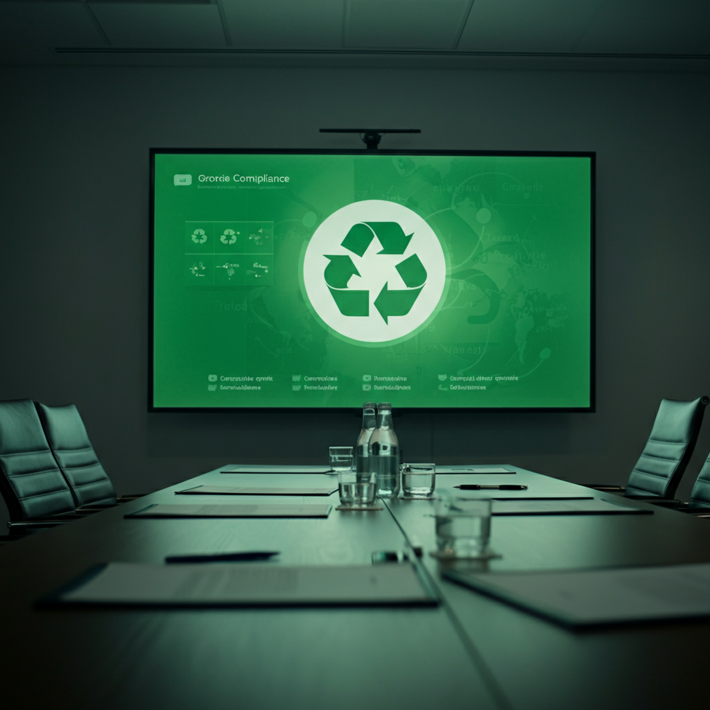 Was ist EPR? Eine moderne britische Konferenzraumszene mit Compliance-Daten auf dem Bildschirm und grünen Recycling-Symbolen auf Dokumenten, die die erweiterte Herstellerverantwortung veranschaulicht.