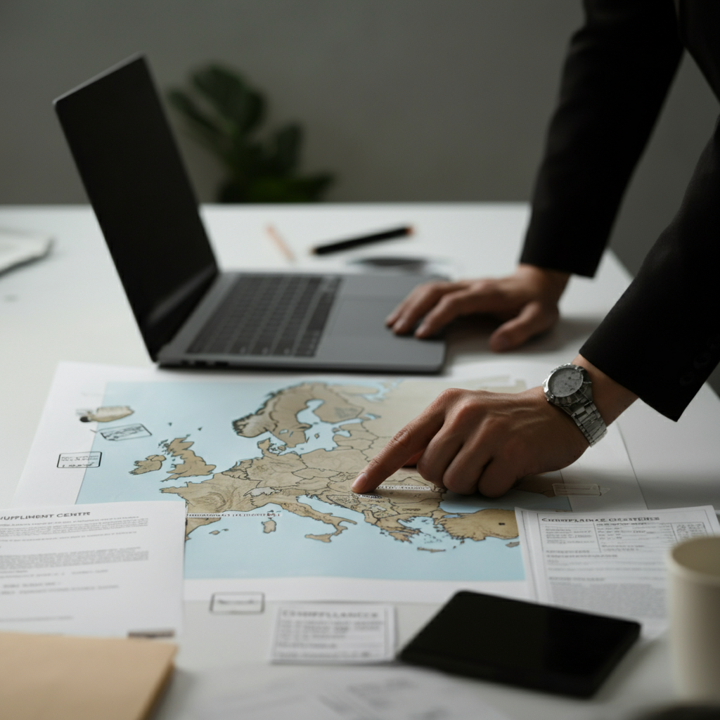 Amazon Pan-EU EPR-Anforderungen visuell: Hände zeigen auf eine Europakarte mit Logistikzentren, Compliance-Dokumenten und Versandetiketten in einer Büroumgebung.