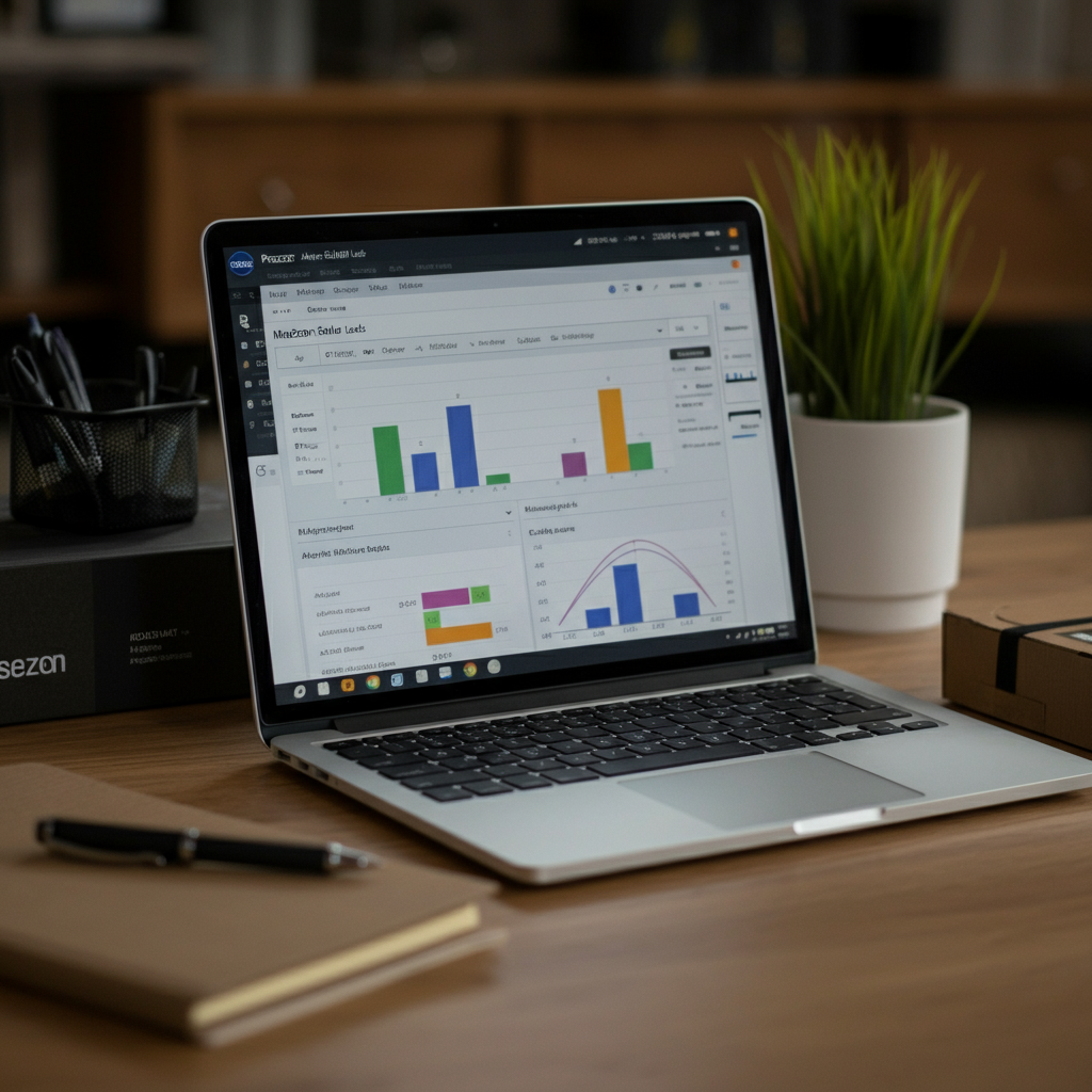 Modern British office desk with a laptop displaying Microsoft Excel Data Analysis Tools dashboards for Amazon seller lead quality, with Amazon packaging and analytics elements.