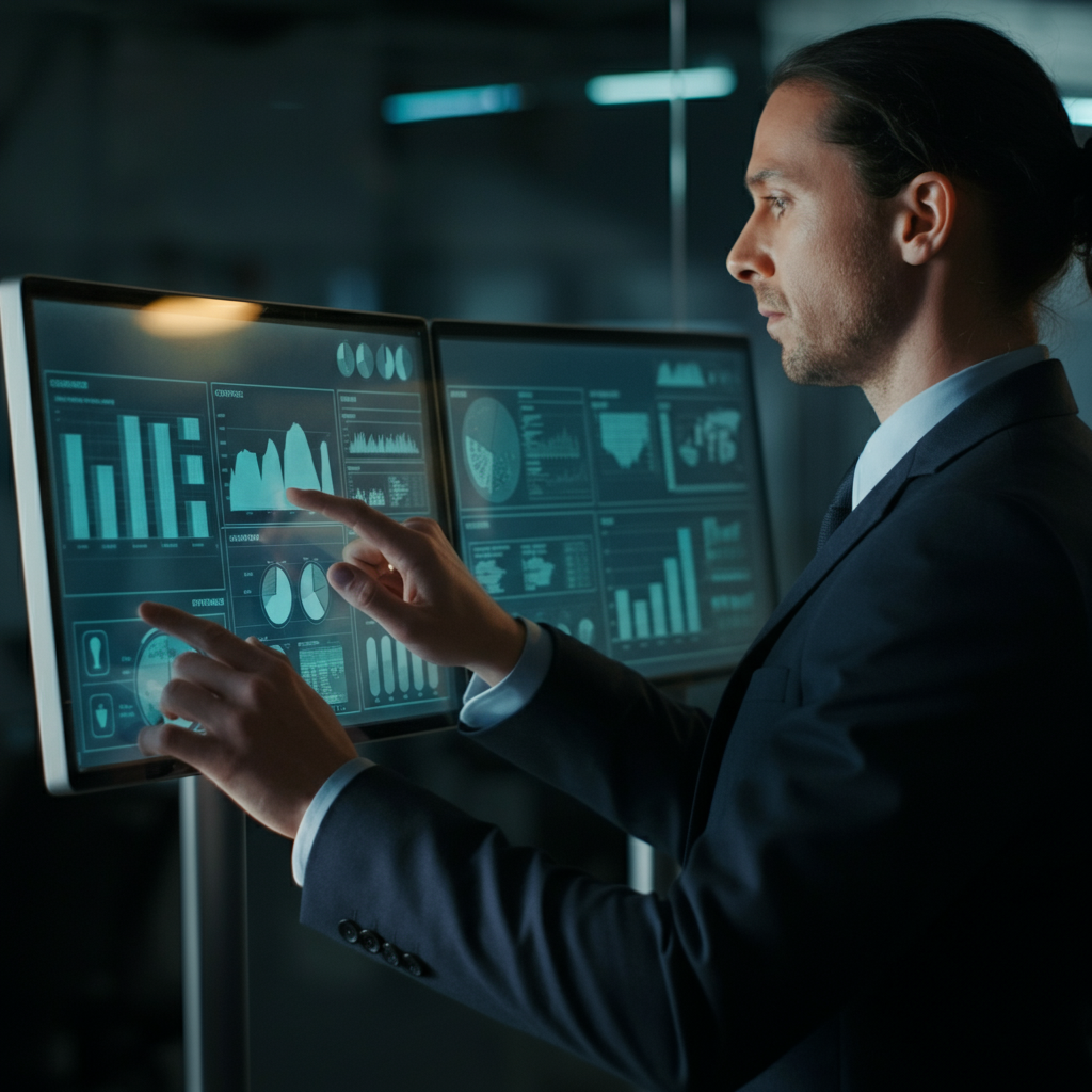 Business compliance officers using Bi Intelligence Tools dashboards in a UK agency office, reviewing analytics and GDPR compliance data.