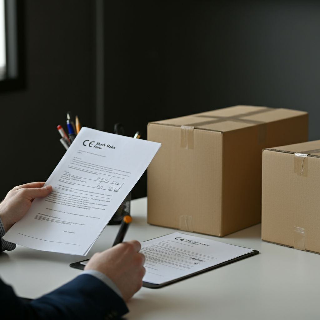 Hände prüfen CE-Kennzeichnung RoHS Konformitätsdokumente und Amazon FBA Produktverpackungen auf einem britischen Bürotisch, was behördliche Kontrollen veranschaulicht.