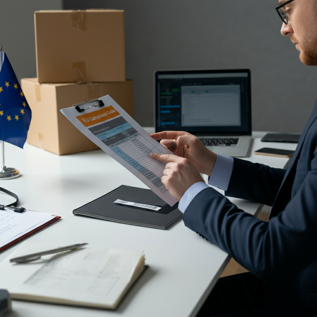 Ein britischer Amazon FBA Unternehmer prüft eine detaillierte EU-Konformitätskostentabelle für 2026, mit sichtbarer Produktverpackung und Konformitätssoftware in einem modernen Büro.