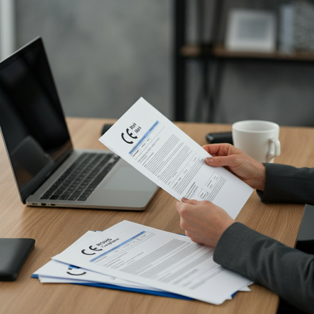 CE-Kennzeichnung RoHS Konformitätsdokumentation und technische Unterlagen für britische Marken, die sich auf den legalen Verkauf im Jahr 2026 vorbereiten, überprüft in einem modernen Büroumfeld.