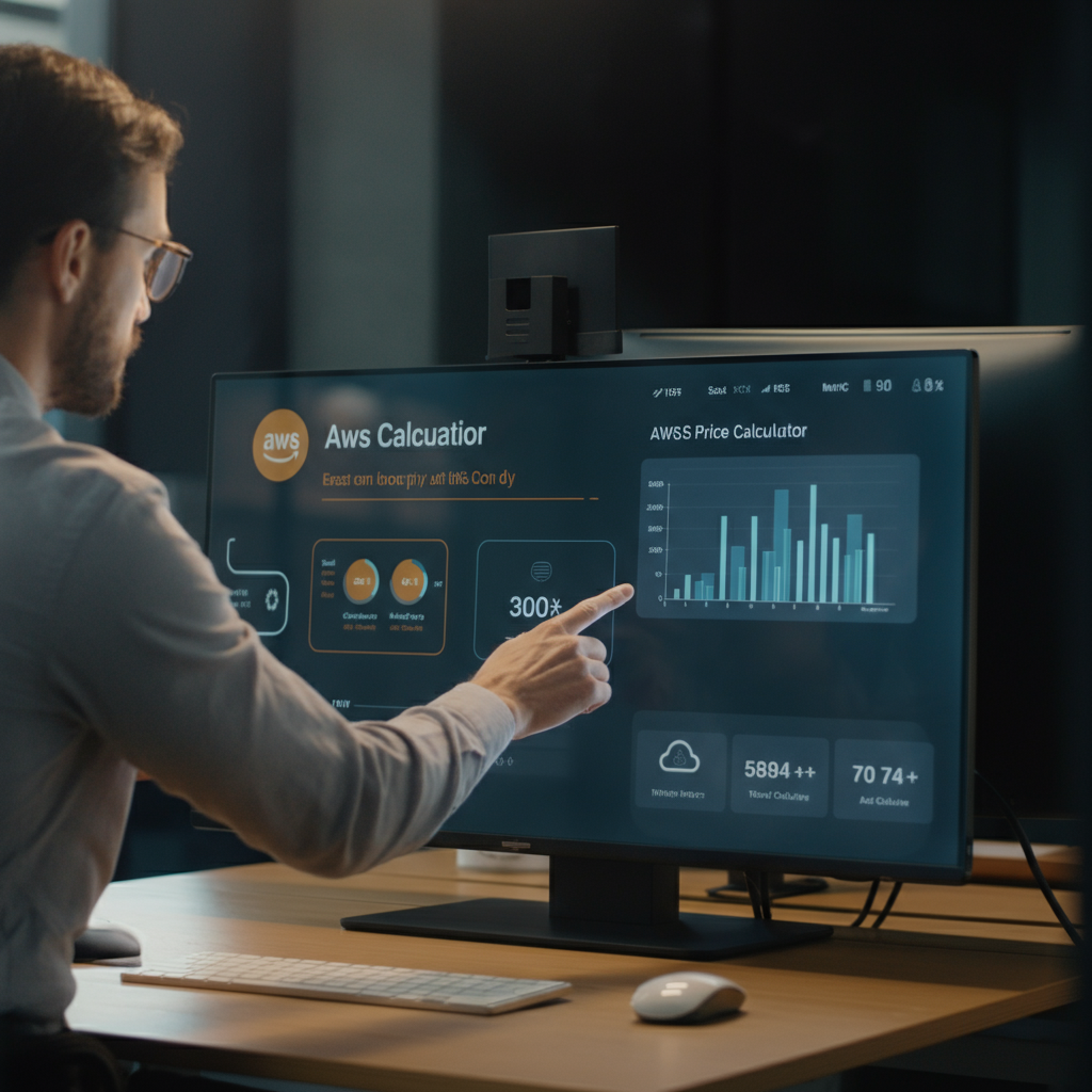 Modern UK business office with digital displays illustrating Aws Price Calculator cost breakdowns for 2026, featuring verified seller data analysis and cloud budgeting context.