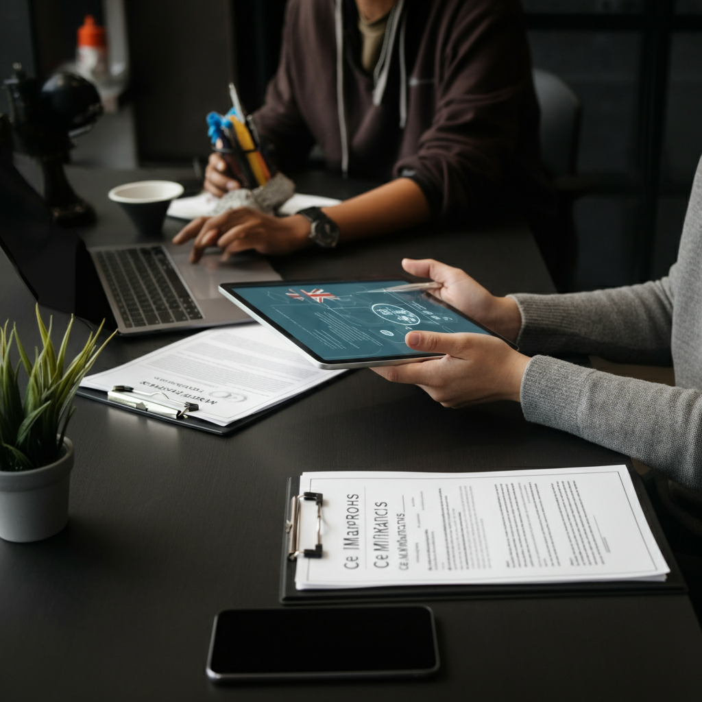 Britisches Shopify-Business-Team prüft CE-Kennzeichnung und RoHS-Konformitätsdokumente sowie digitale Zertifikate in einem modernen Büro, mit Fokus auf regulatorische Anforderungen.