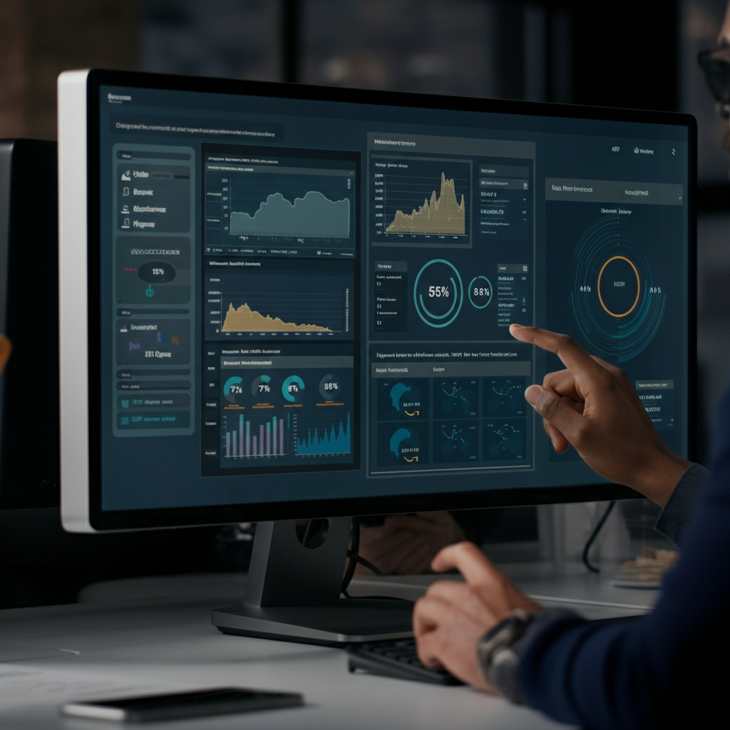 Professional office scene showing hands managing AWS Relational Database Service dashboards, emphasizing data integrity and quality for aggregators.