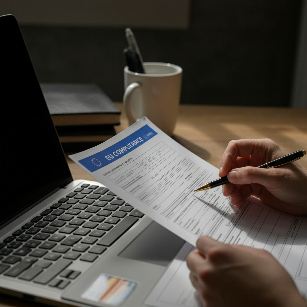 Kommerzielles Bild, das EU-Konformitätsdokumente, Produktchecklisten und Konformitätsunterlagen zeigt, die von einem britischen E-Commerce-Verkäufer in einem modernen Lagerbüro geprüft werden.