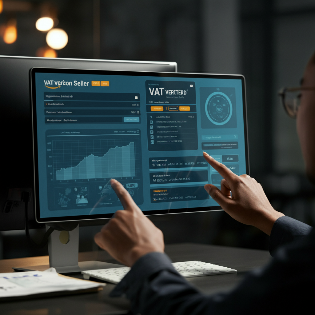Predictive Data Analysis in a modern office with compliance professionals analyzing VAT-verified Amazon seller dashboards and interactive data charts.