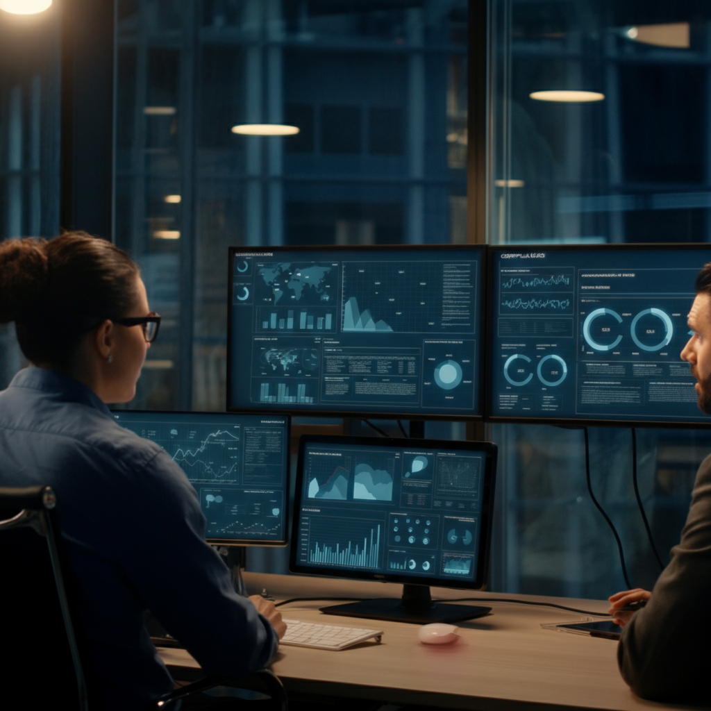 Hands of compliance professionals reviewing SAP Business Intelligence Suite dashboards in a modern UK office, focusing on marketplace presence and EU compliance.